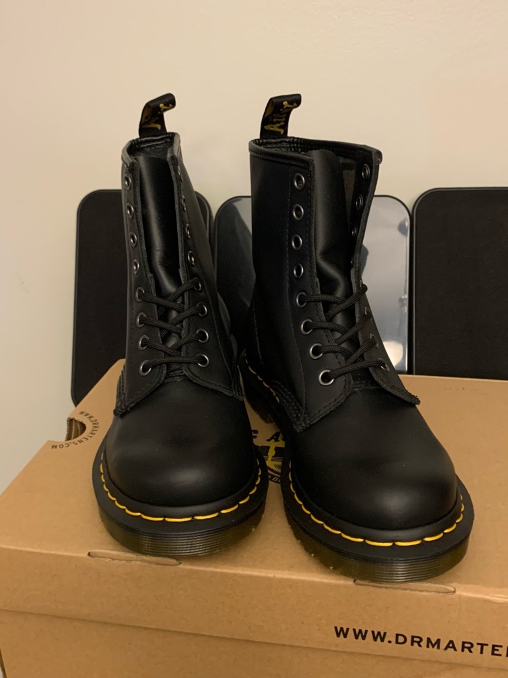 Dr. Martens Black Leather Lace-Up Boots with Yellow StitchingLadies size 6,New.